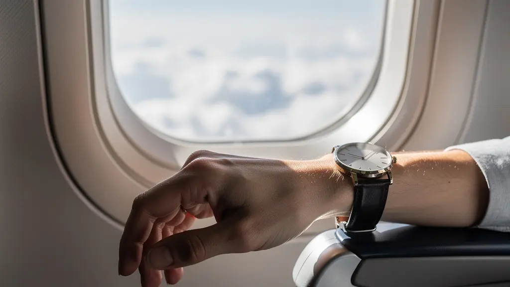 Montre GMT visible au poignet près d'un hublot d'avion avec vue sur les nuages
