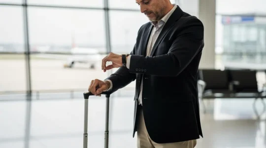 Voyageur d'affaires consultant sa montre GMT en zone d'embarquement aéroport