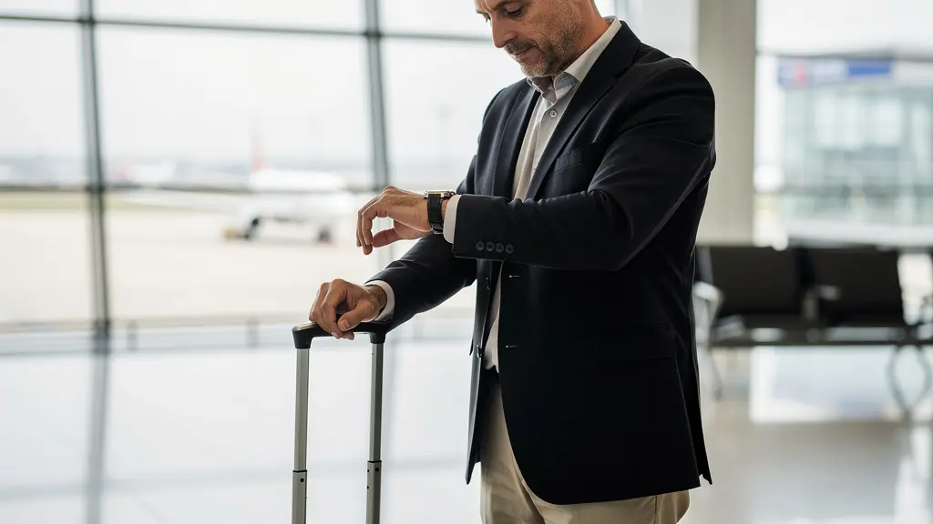 Voyageur d'affaires consultant sa montre GMT en zone d'embarquement aéroport