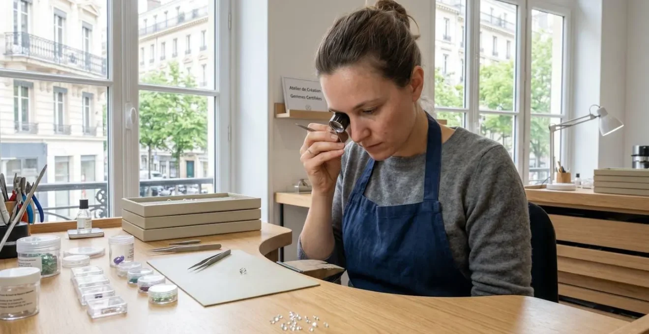 Un artisan bijoutier examine attentivement des pierres fines à la loupe dans un atelier contemporain baigné de lumière naturelle