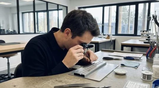 Un artisan bijoutier examine attentivement des pierres fines à la loupe dans un atelier contemporain baigné de lumière naturelle