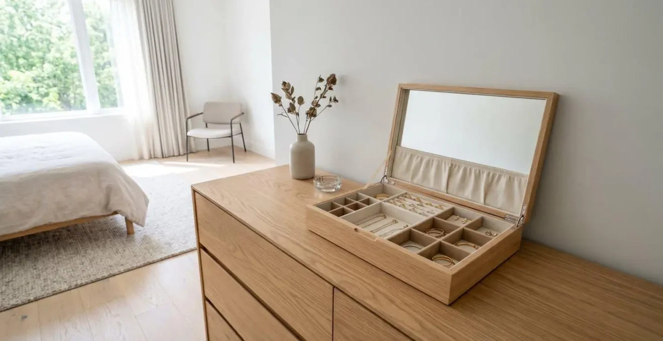 Boîte à bijoux contemporaine ouverte sur une commode en bois clair montrant des compartiments organisés et aérés