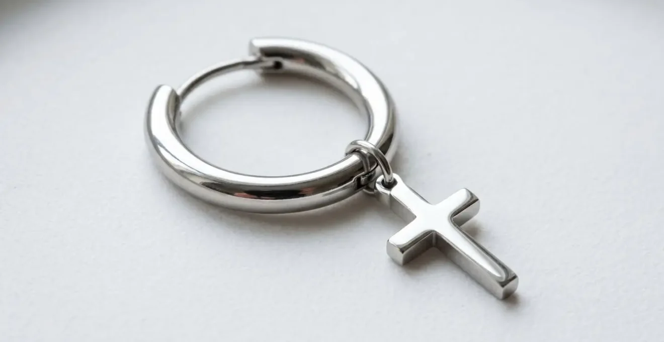 Boucle d'oreille créole en acier inoxydable avec pendentif croix capturant la lumière sur une surface blanche