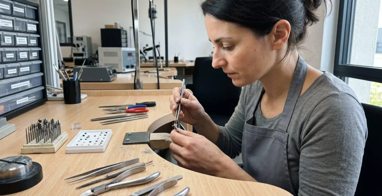 Gros plan sur les mains d'un artisan positionnant délicatement une pierre fine dans un serti griffe avant fermeture des griffes