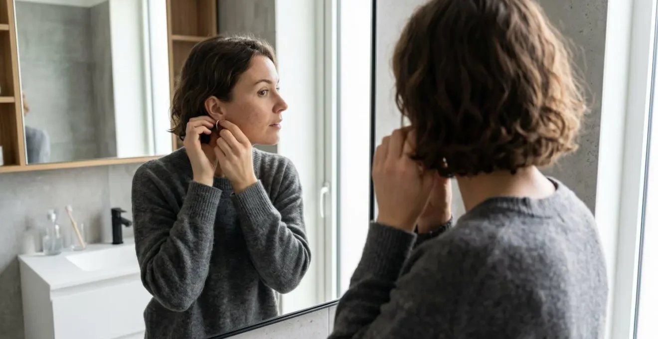 Femme de profil ajustant sa boucle d'oreille créole devant le miroir de sa salle de bain moderne