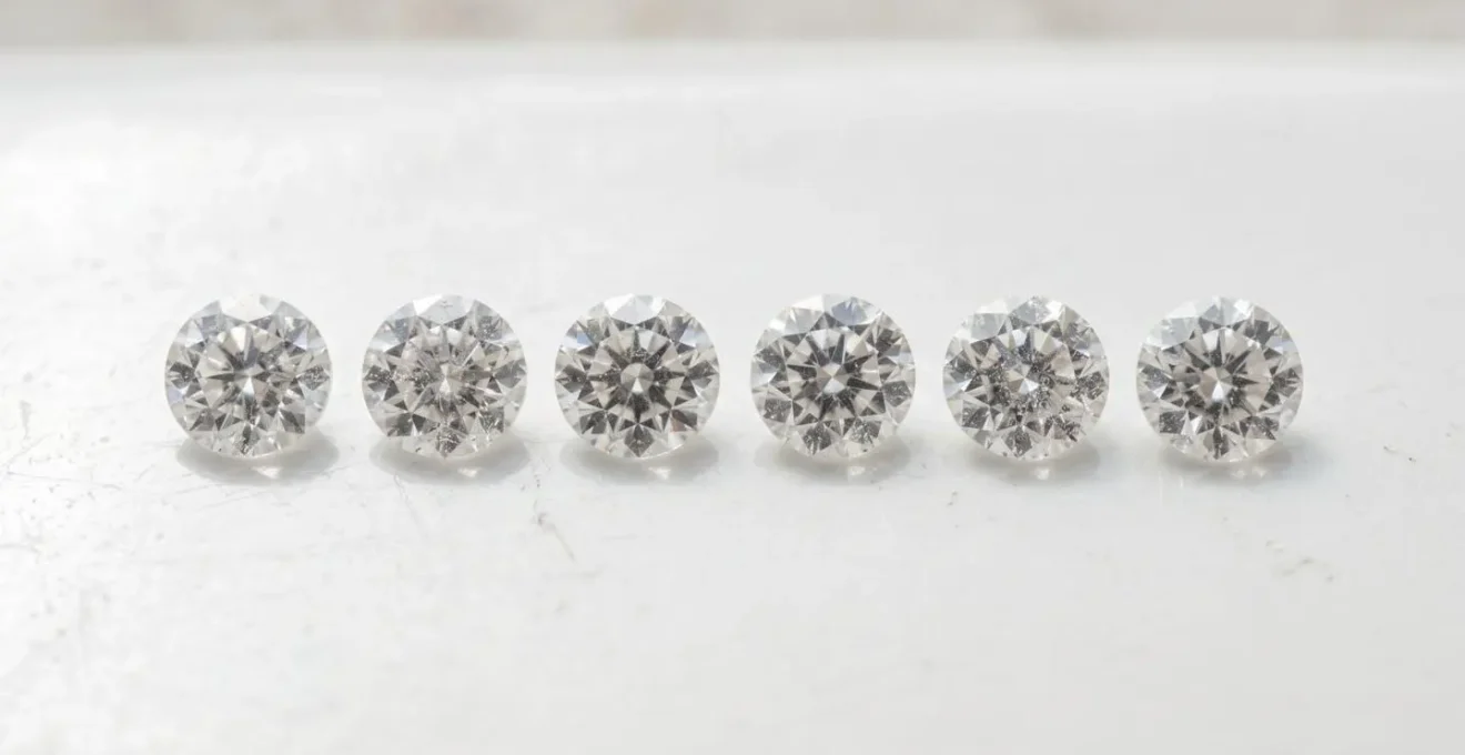 Gros plan sur un ensemble de pierres fines calibrées alignées sur une surface blanche immaculée sous lumière naturelle diffuse