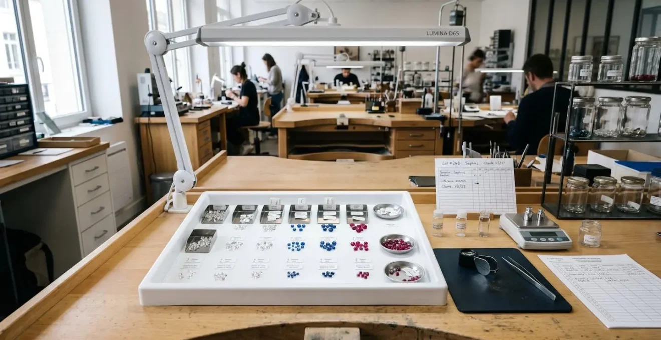 Vue d'ensemble d'un poste de contrôle colorimétrique avec plateau blanc, lampe LED D65 et gemmes disposées méthodiquement dans un atelier de bijouterie contemporain